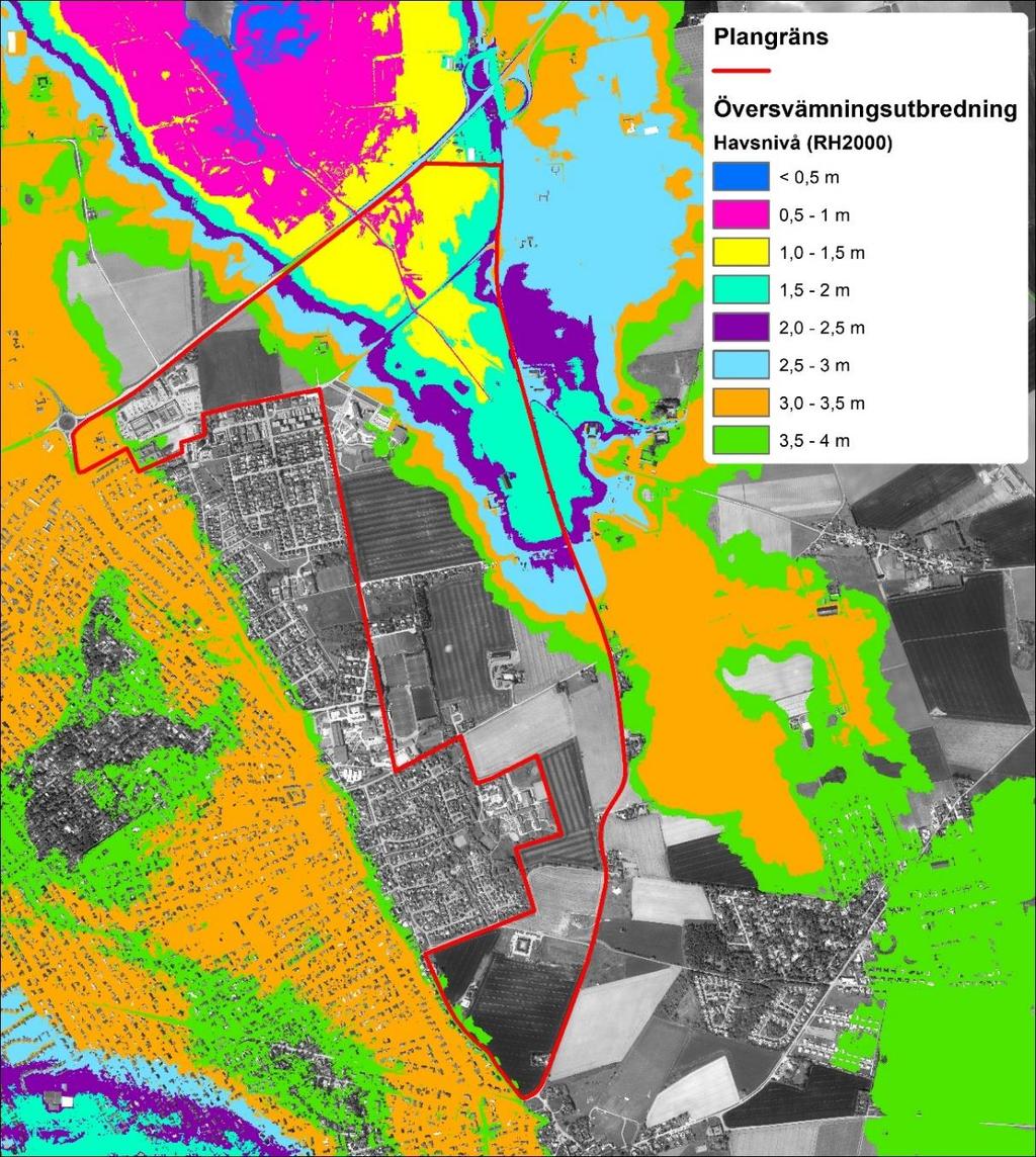 +2,2 m +2,7 m +1,0 m +3,0 m Figur 6 Inströmningsvägar till området vid höga havsnivåer.