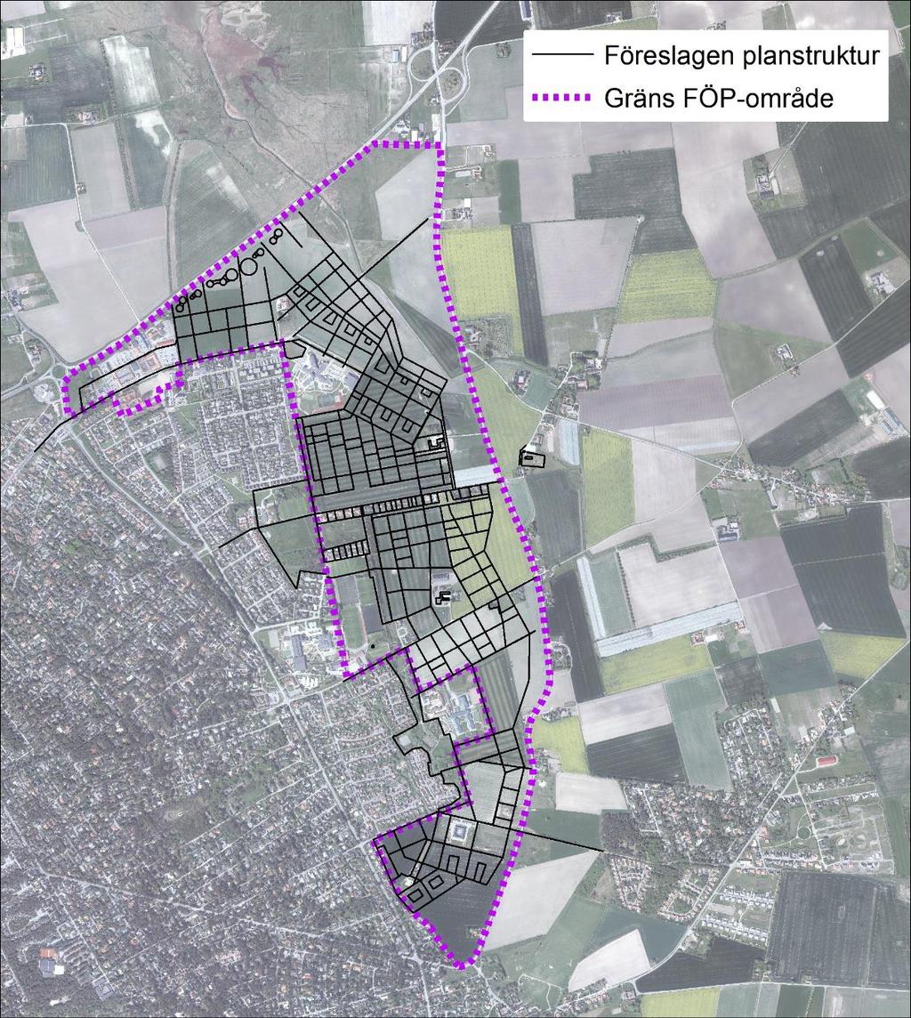 Figur 1 Visar det planerade utbyggnadsområde med föreslagen planstruktur.