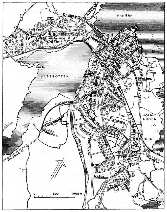 Kartan visar den del av Vänersborg som behandlas i uppsatsen utom två mindre områden: Öxnered i väster och