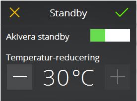 Standby Under Standby aktiveras/avaktiveras Standby funktionen. Det är en energisparande funktion somfrämst är till för att användas i offentliga anläggningar.