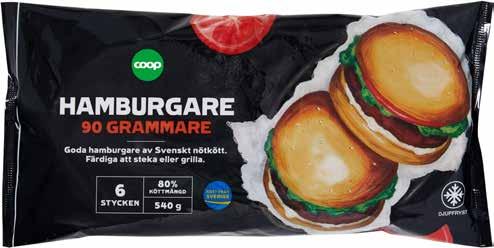 9)% /förp 36)% /st Hamburgare 6x90 g. Coop. Fryst.