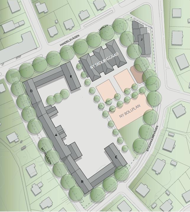 Befintliga byggnader samt den nya