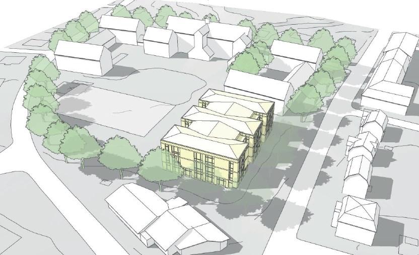 Befintliga byggnader samt den nya skolbyggnaden. Bildkälla: Cedervall arkitekter Den delbara gymnastiksalen med tillhörande förråd och omklädningsrum inrymms i de två planen under mark.