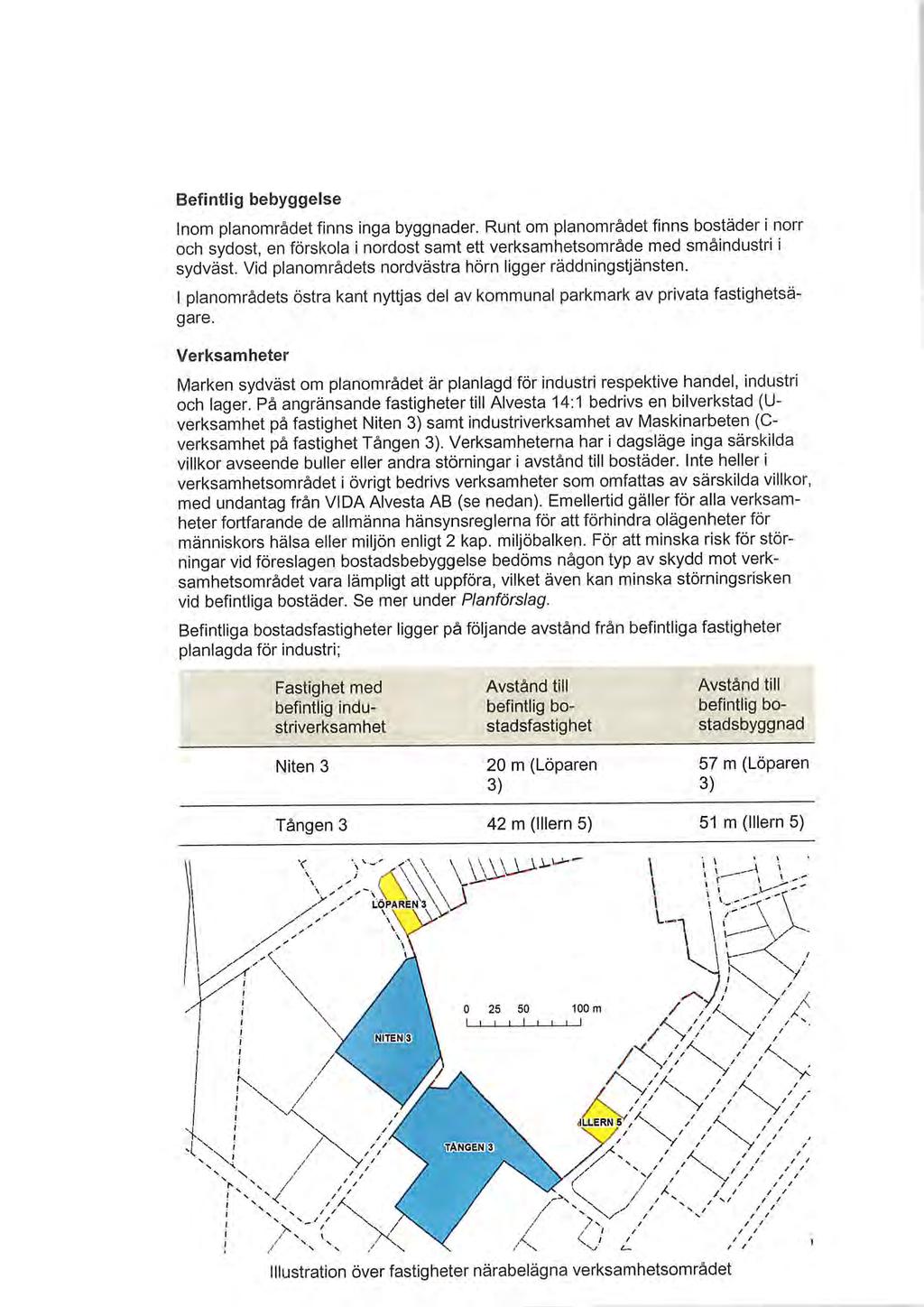 Befintlig bebyggelse Inom planområdet finns inga byggnader. Runt om planområdet finns bostäder i norr och sydost, en förskola i nordost samt ett verksamhetsområde med småindustri i sydväst.