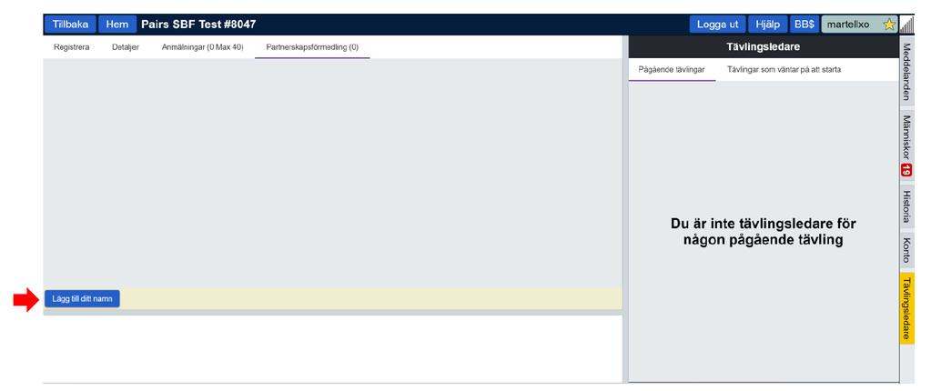 Den ene gör anmälan (se skärmbild ovan) och den andre accepterar. Partnerskapsförmedling Varje enskild tävling har en Partnerskapsförmedling (se gul pil ovan).