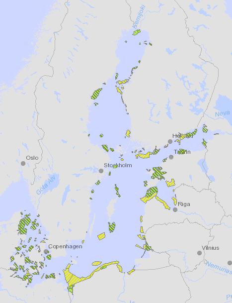 A. B. Figur 1. HELCOM MPA nätverket i början av 2020 (A) jämfört med resultat för områdesvalsanalys i Marxan (B). I figur B indikerar en mörkare röd färg en högre prioritering för skydd.