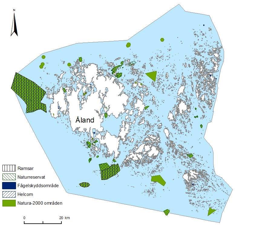 1.4. Marint naturskydd på Åland Det marina MPA-nätverket på Åland består av 26 Natura 2000-områden (totalt 402 km 2 ), 29 naturreservat (333 km 2 ), sex HELCOM MPA:s (414 km 2 ), två Ramsar-områden