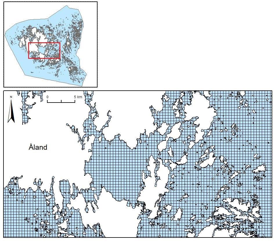 Figur 6. Planeringsenheterna (PE) i havsområdet sydost om fasta Åland (Lemland, Lumparland, och Föglö). Varje PE har sidan 500 m och är klippt enligt kustlinjen.