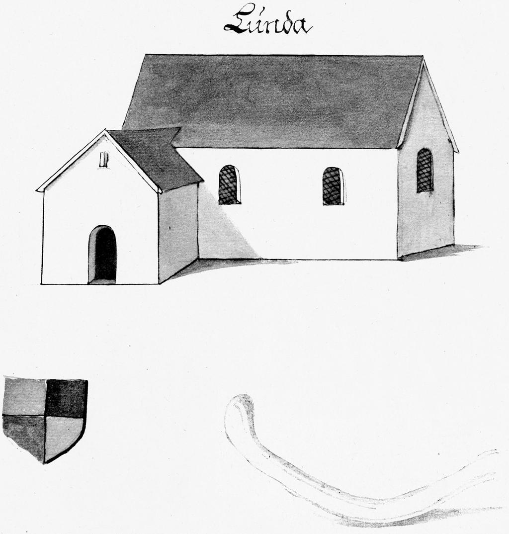 »Ett sijdobehn aff en Jungfru» 103 Johan Hadorphs avbildning från 1684 av Lunda kyrka med det i kyrkan bevarade revbenet längst ned till höger, förmodligen härstammande från den val som strandade i