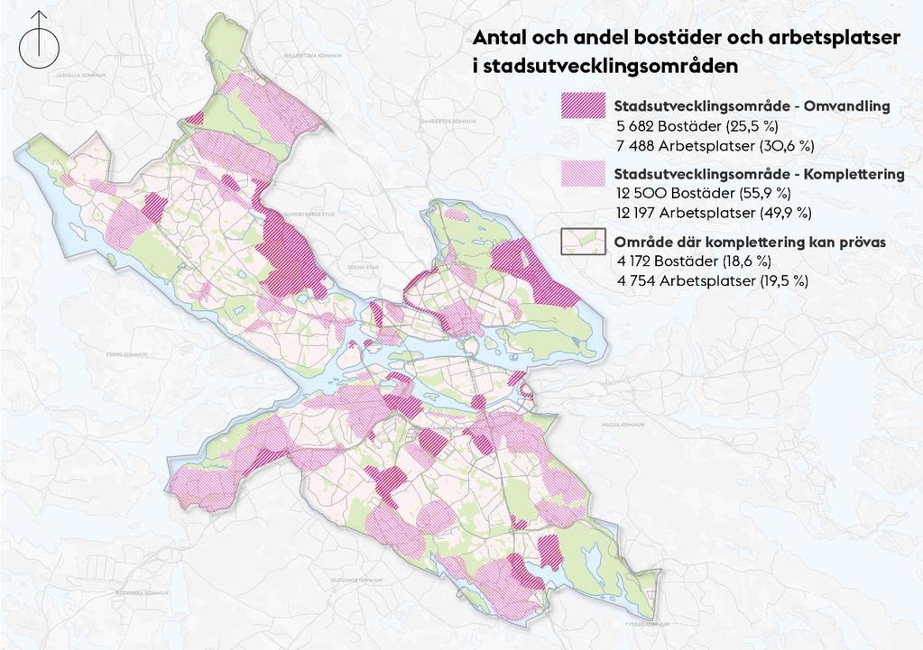 20 (33) Figur 8 Antal bostäder och arbetsplatser i startade planer 2019 och 2020 i översiktsplanens tre olika stadsutvecklingsområden. Andel av samtliga startade planer under perioden.