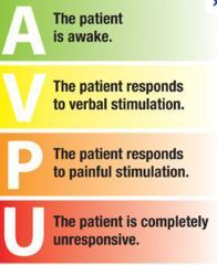 Neurologisk bedömning AVPU - Alert/Voice/Pain/Unresponsive En enklare skala än GCS och RLS är AVPU, som är lämlig att använda initialt och när patientens