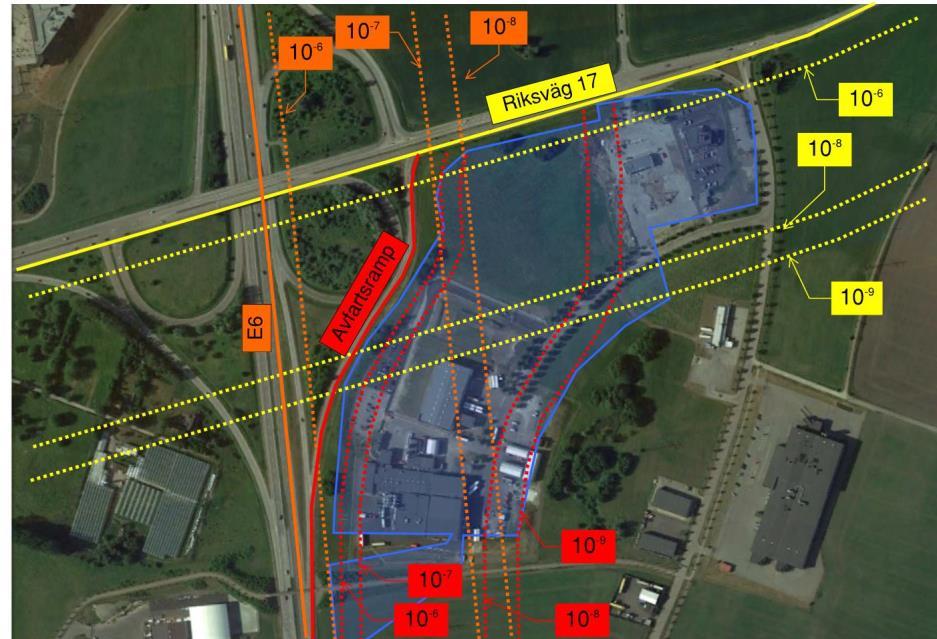 Figur C.8. Riskkonturer för oskyddad person utomhus. Orange linjer markerar riskkonturer från E6:s huvudkörbanor. Gula linjer markerar riskkonturer från Riksväg 17.
