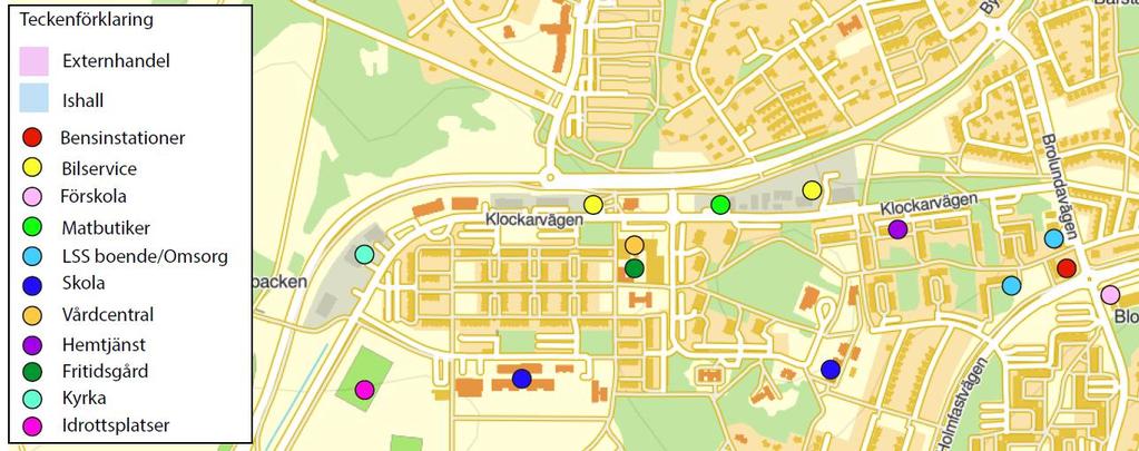 Inom området finns bland annat idrottsanläggningar, skolor och förskolor, hemtjänst, kyrkor samt mindre näringsverksamheter, exempelvis bilreparatörer.