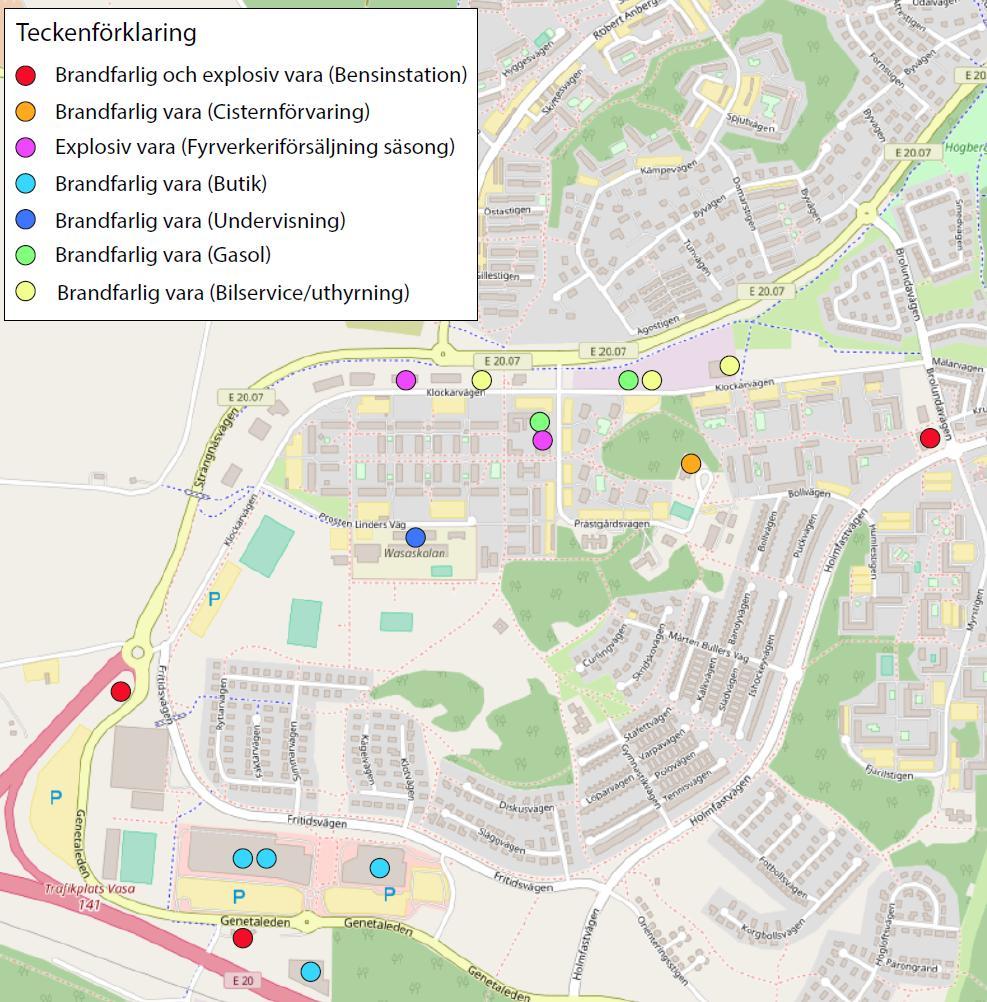 Figur 9. Verksamheter med explosiva och brandfarliga varor. Brandfarlig och explosiv vara I planområdets östra del ligger Gulf vilket är en bemannad bensinstation.