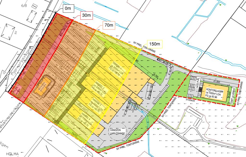 Område inom 30-70 meter från farligt godsled: Tillåts t.ex. industri, bilservice, lager (utan betydande handel), tekniska anläggningar (övriga anläggningar) och parkering (övrig parkering).