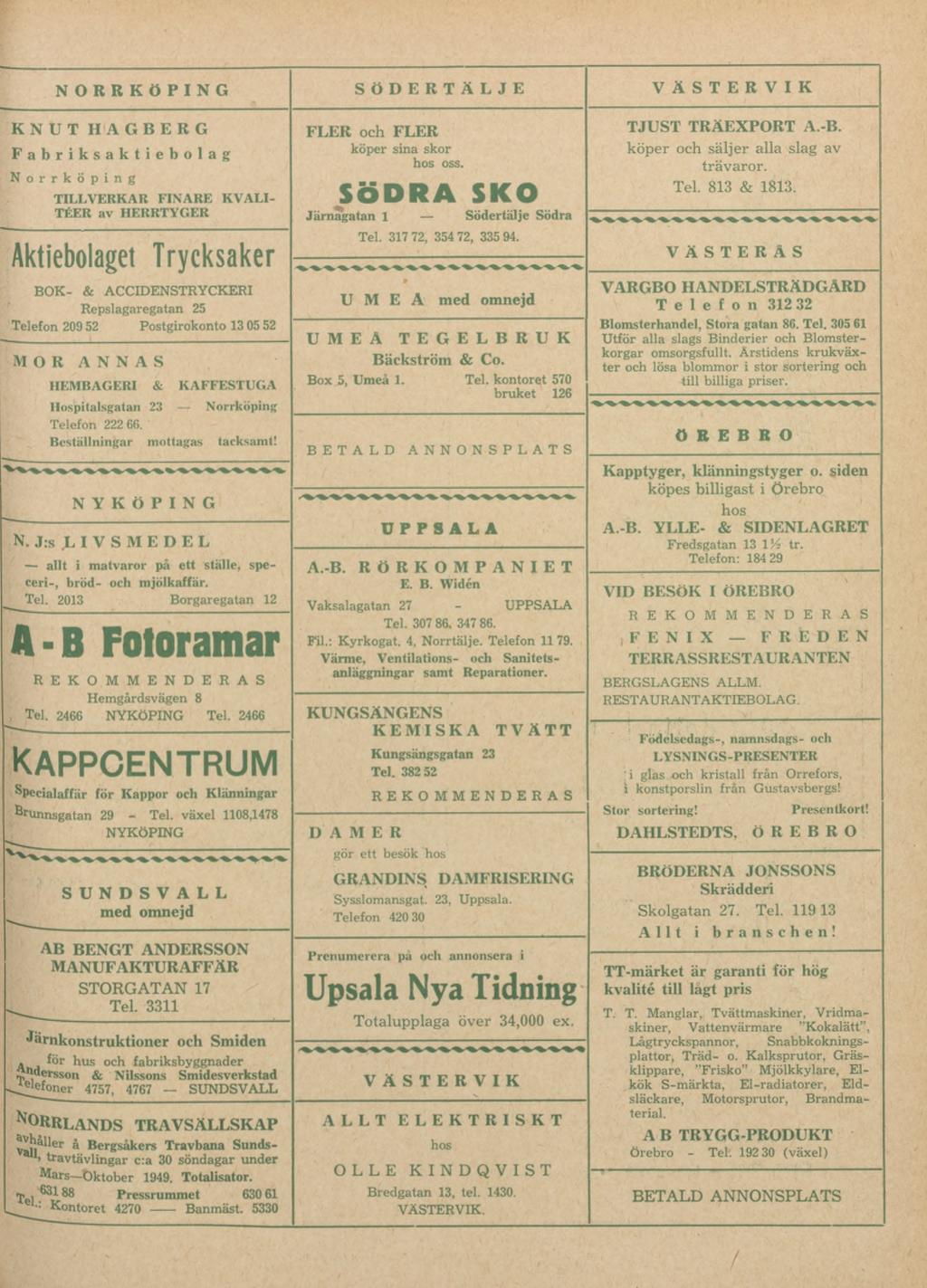 NORRKÖPING KNUT HAGBERG Fabriksaktiebolag Norrköping TILLVERKAR FINARE KVALI TÉER av HERRTYGER Aktiebolaget Trycksaker BOK- & ACCIDENSTRYCKERI Repslagaregatan 25 Telefon 209 52 Postgirokonto 13 05 52