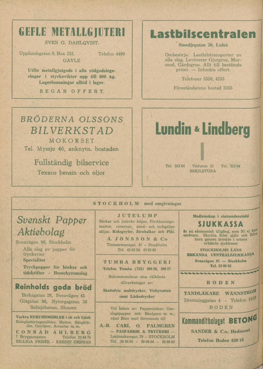 GEFLE METALLGJUTERI SVEN G. DAHLQVIST. Upplandsgatan 9, Box 251. Telefon 4499 GÄVLE Utför metallgjutgods i alla rödgodslegeringar i styckevikter upp till 600 kg. Lagerbussningar alltid i lager.