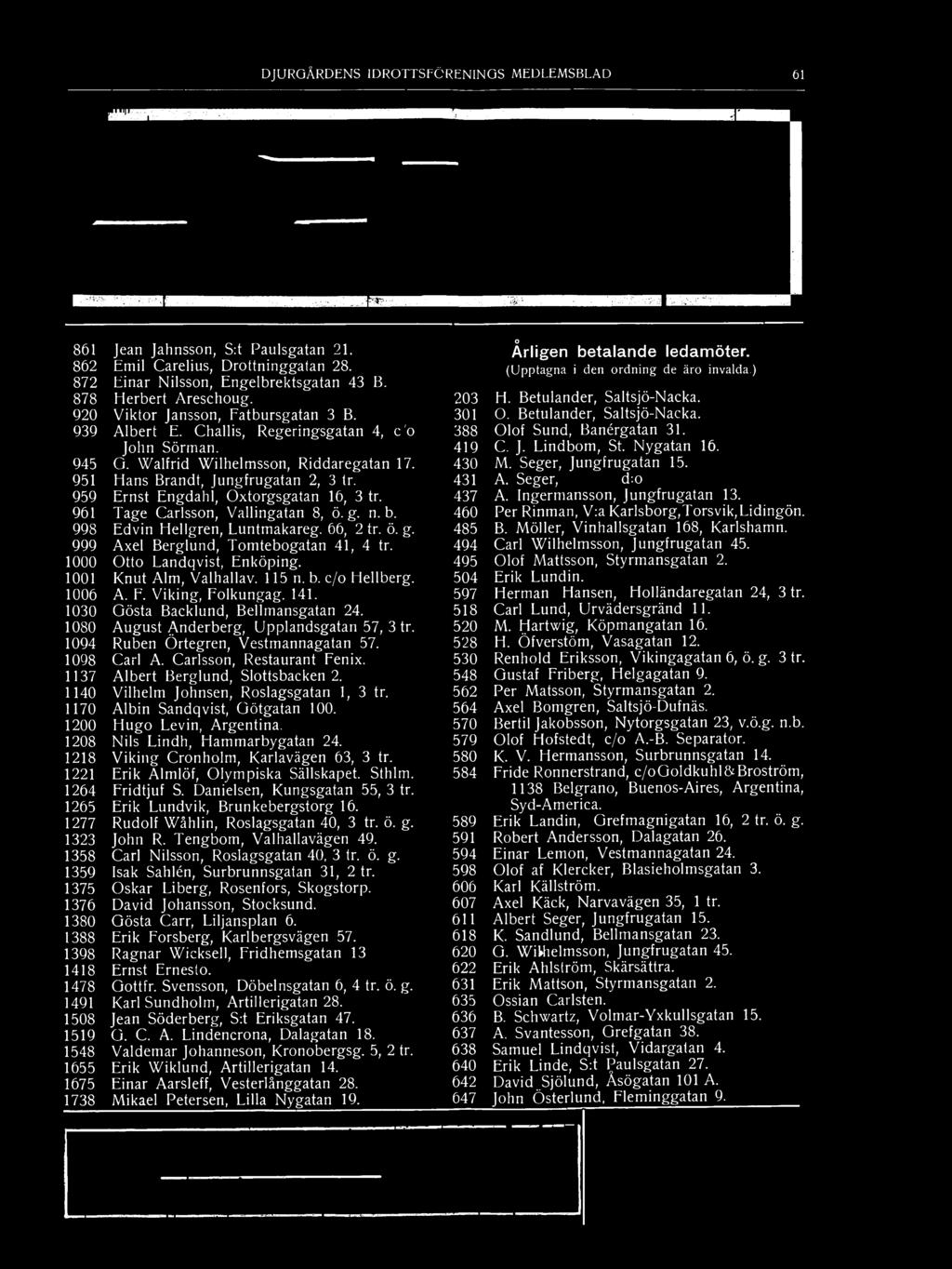 Challis, Regeringsgatan 4, c/o John Sörman. 945 G. Walfrid Wilhelmsson, Riddaregatan 17. 951 Hans Brandt, Jungfrugatan 2, 3 tr.