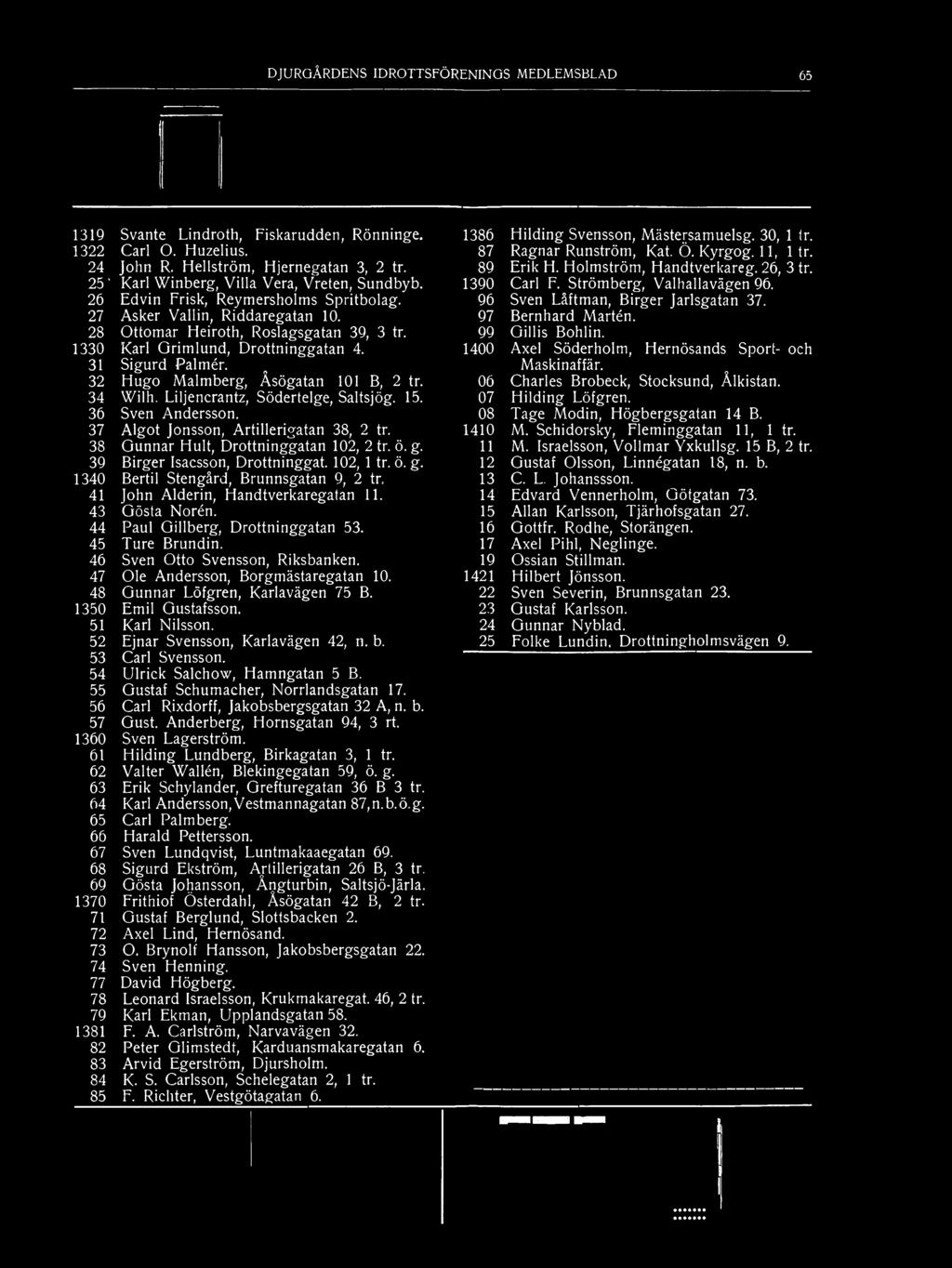 27 Asker Vallin, Riddaregatan 10. 28 Ottomar Heiroth, Roslagsgatan 39, 3 tr. 1330 Karl Grimlund, Drottninggatan 4. 31 32 Sigurd Palmér.