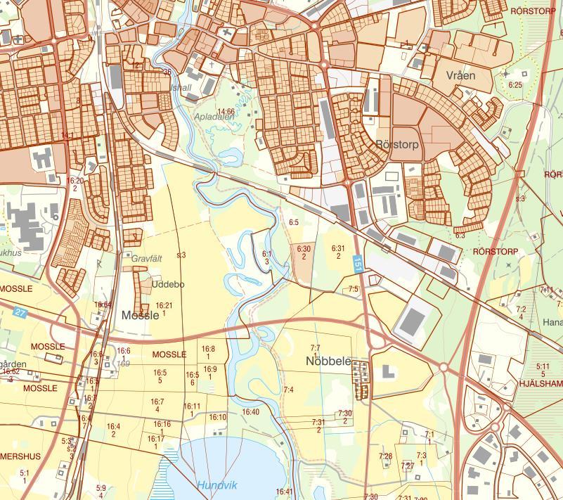 Planområdet utgörs av del av fastigheten Nöbbele 7:2 som idag ägs av Värnamo kommun. Orienteringskarta som visar planområdet med omgivning, planområdet markerat med rött.