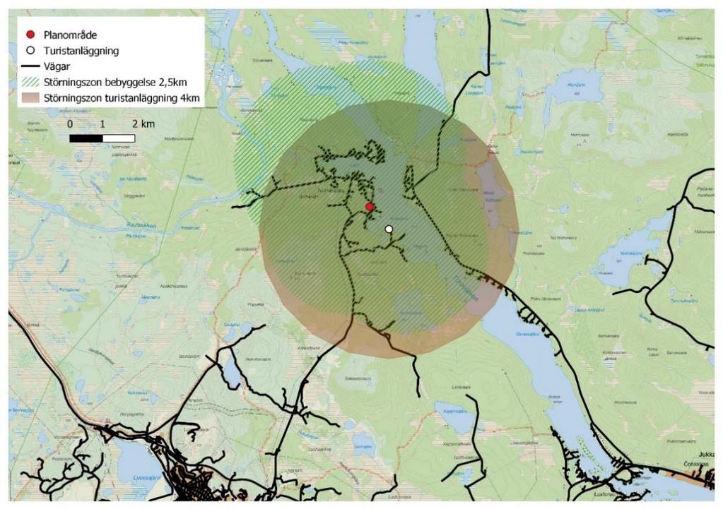 Figur 7. Störningszoner för bebyggelse och turistanläggning. Källa: Kiruna kommun, Nationella vägdatabasen. 4.