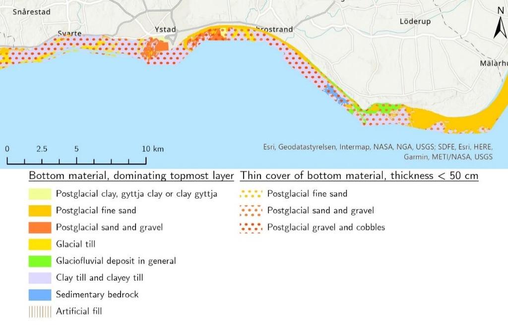 Figure 3.2: Marine geology outside the coastline of the municipality. The largest area with sand is found outside the eastern part of the municipality. Data source: SGU (2019).