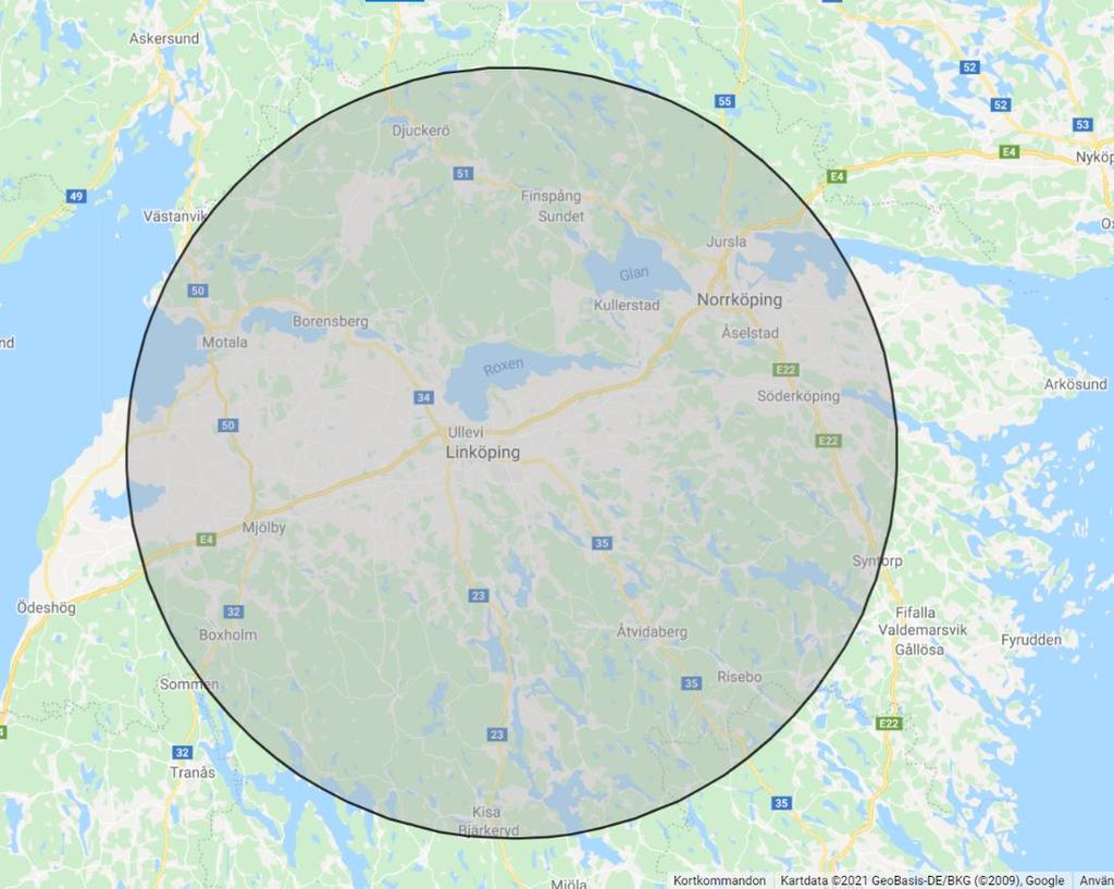Figur 2: Norrköping Airport med en radie på 50 km Inom en radie på 50 km från Linköping City Airport nås 10 av kommunerna, vilket är: Boxholm, Finspång,