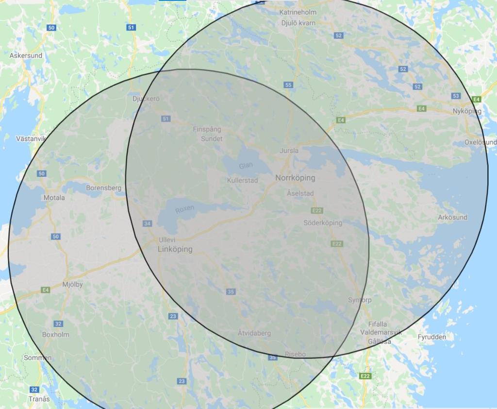 I figur 4 visas det sammanlagda området som täcks upp av Norrköping Airport och Linköping City Airport inom en radie på 50 km från respektive flygplats.