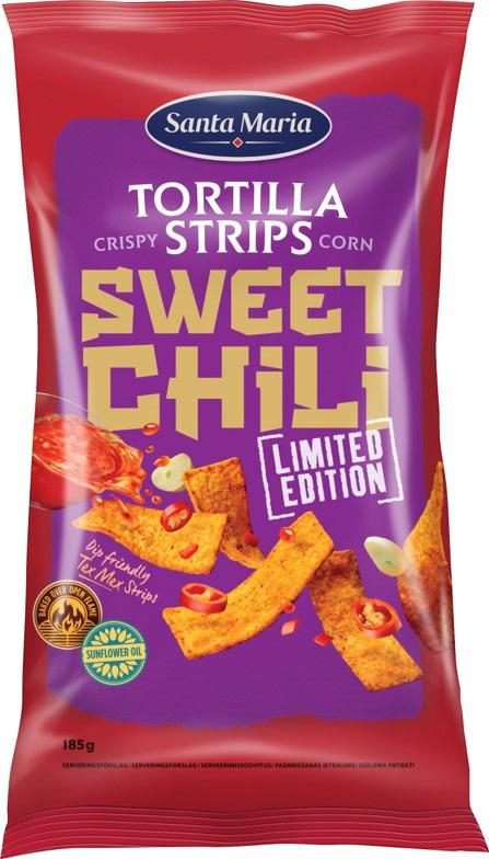 Santa Maria Crispy Corn Tortilla Strips Sweet Chili (185 g) Premiär för strips, en ny dipp-vänlig form, lätt att hålla och dippa utan kladd. Och dessutom en ny smak: Sweet Chili.