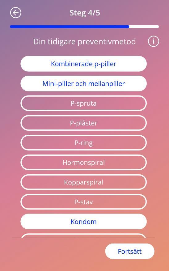 7.7.4 Tidigare preventivmedel Appen behöver även få veta vilka preventivmedel som har använts tidigare.