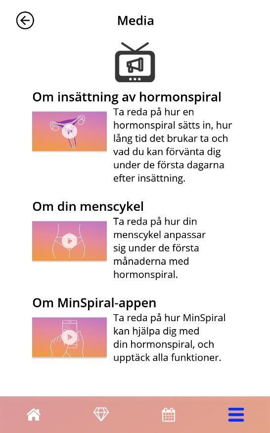 15 Media Mediaskärmen (figur 49) är tillgänglig i huvudmenyn om du trycker på Media. Figur 49: Mediaskärm Mediaskärmen innehåller olika videor om din hormonspiral och hur man använder appen.