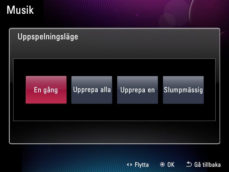 Musik Uppspelningsskärm: layout och knappar 3 4 Åtgärdsknapp Inställningar för spelläge Spela upp föregående låt Spela upp nästa låt Paus/spela upp Volymjustering 5 Knapplås