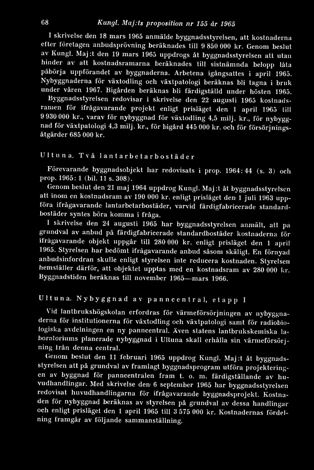 Arbetena igångsattes i april 1965. Nybygonaderna för växtodling och växtpatologi beräknas bli tagna i bruk under våren 1967. Bigården beräknas bli färdigställd under hösten 1965.