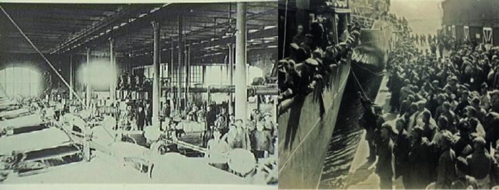 Trämassefabriken 1925 och sovjetiska krigsfångar vid Karlshälls magasin 1945. fångar från norra Norge till Sovjetunionen.