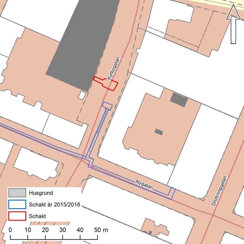 Arkeologgruppen AB, rapport 2021:01 Figur 8. Schaktplan som visar det aktuella schaktet vid Kyrkogatan samt de schakt som grävdes i Nygatan och Kyrkogatan åren 2015 2016. Skala 1:1 000.