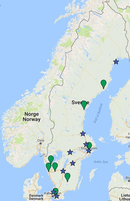 Figur 5: Spridning i Sverige Grön markörer visar de orter där bolagen har sina huvudkontor och de blå stjärnorna visa vad olika regionkontor finns. Bild från Google maps.