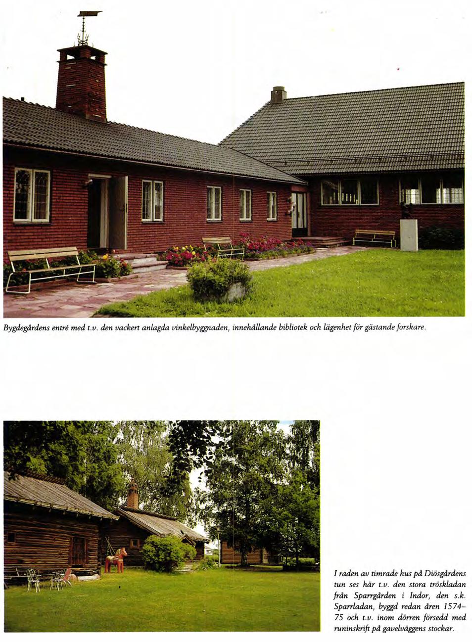 forskare. I raden av timrade hus på Diösgårdens tun ses här t.v. den stora tröskladan från Sparrgdrden i Indor, den s.