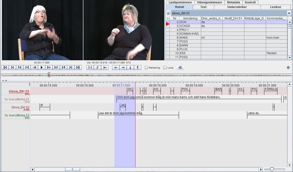 Om en eaf-fil innehåller annoteringar för en dialog så kan två videofiler vara synliga samtidigt, som i bilden nedan.