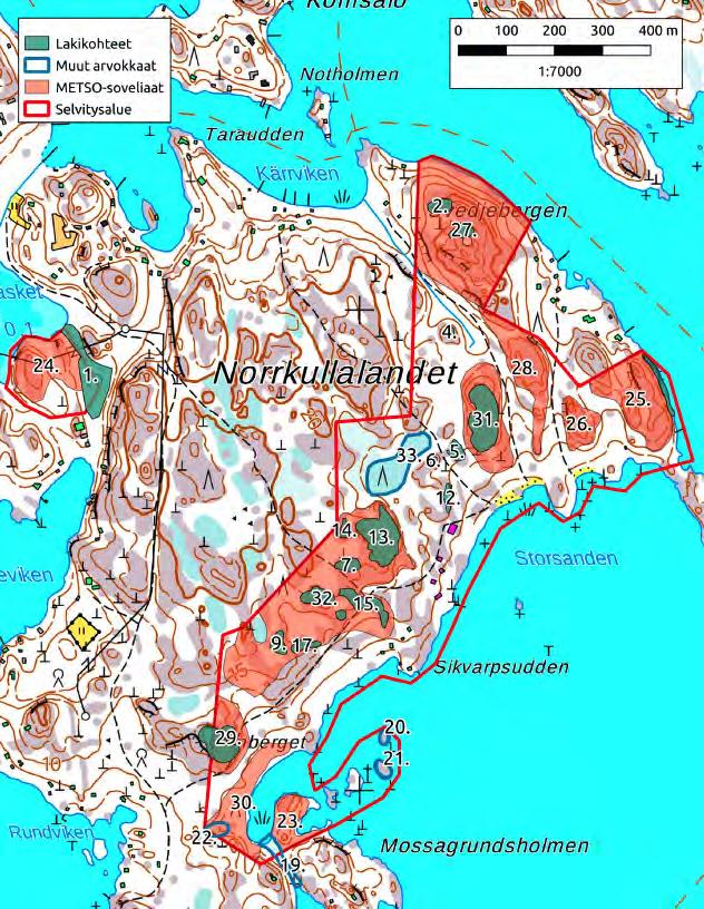 Kaava-alueen ja sen lähiympäristön luontoarvoja on tutkittu luontoselvityksessä (Timo Metsänen, 2018). Kartalla osoitetaan alueen arvokkaat luontokohteet. Tummanvihreät alueet ovat lakikohteita.