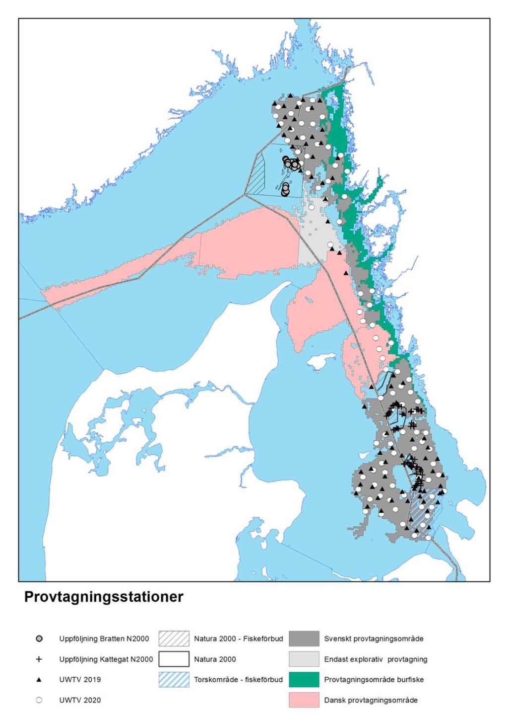 Figur 8. Översikt av undersökningen med UWTV som genomförs årligen av Sverige och Danmark för beståndsuppskattningar av havskräfta med provtagningsområden där det fiskas med trål respektive med burar.