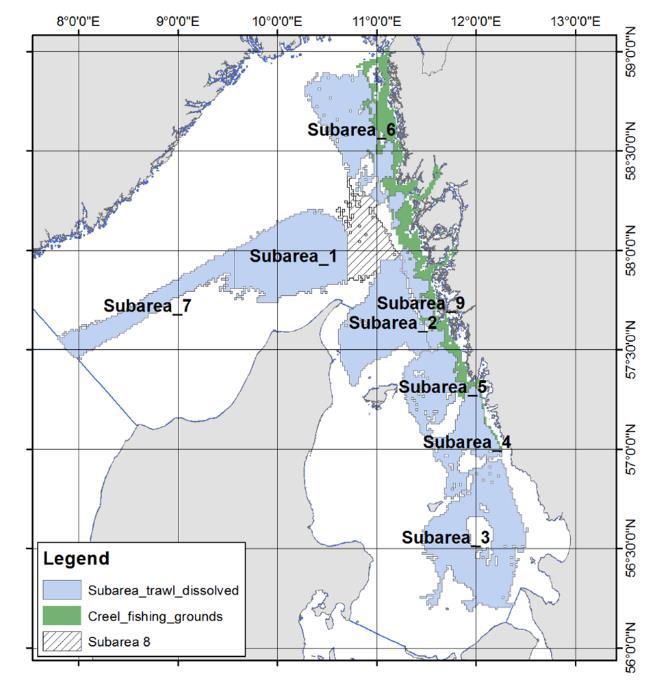 Figur 22. Provtagningsområden för UWTV / havskräftundersökningar där trålområden visas i blått och det huvudsakliga området för burfiske är markerat med grönt.