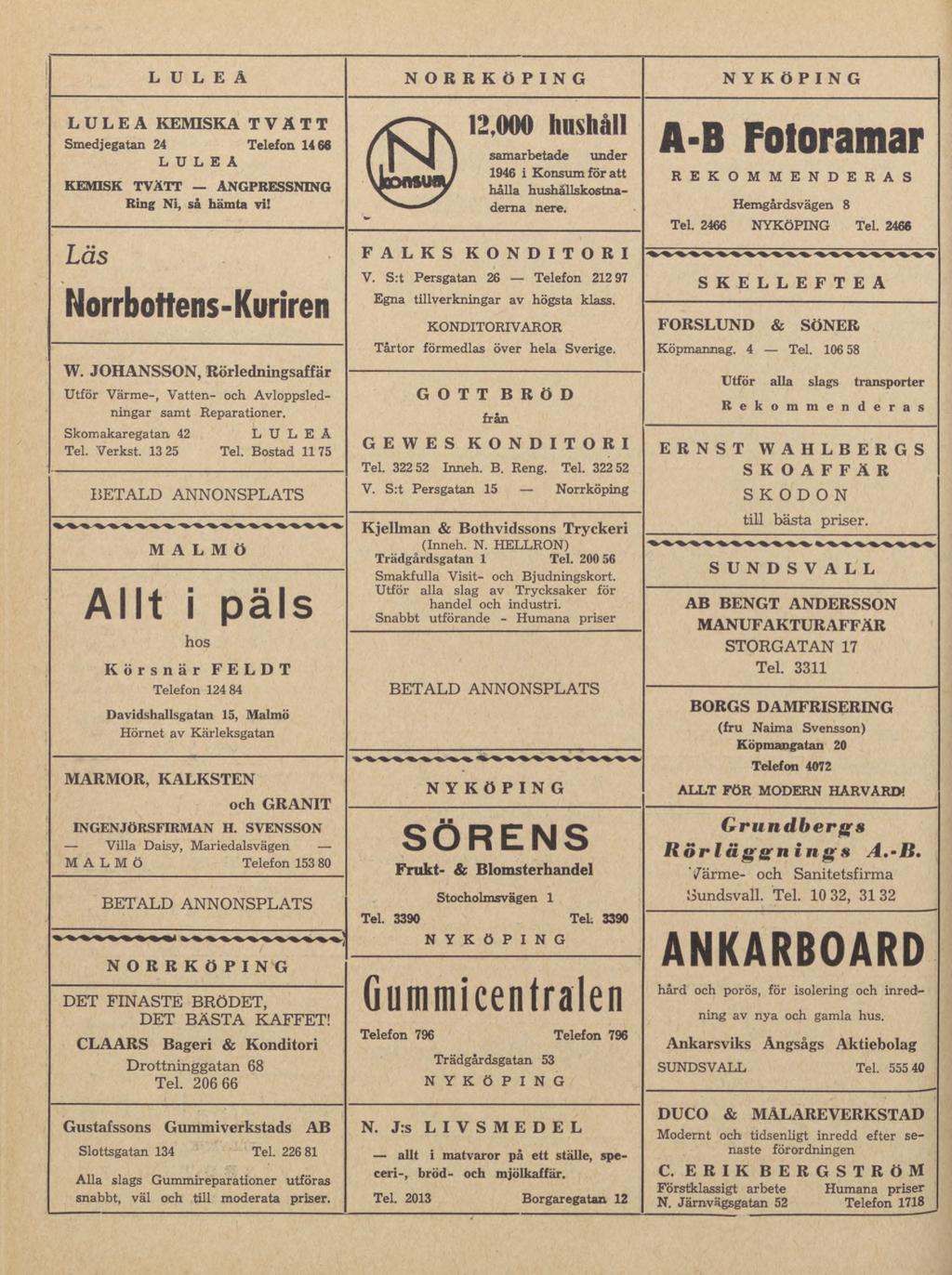 LULEÅ NORRKÖPING NYKÖPING LULEA KEMISKA TVÄTT Smedjegatan 24 Telefon 14 66 LULEA KEMISK TVÄTT ANGPRESSNING Ring Ni, så hämta vi! Läs Norrbottens-Kuriren W.