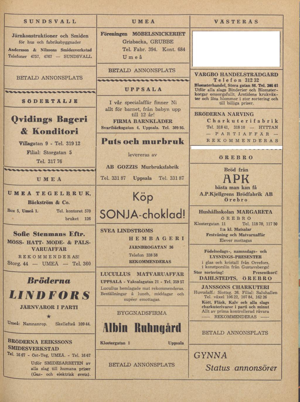 SUNDSVALL Järnkonstruktioner och Smiden för hus och fabriksbyggnader Andersson & Nilssons Smidesverkstad Telefoner 4757, 4767 SUNDSVALL SÖDERTÄLJE Qvidings Bageri & Konditori Villagatan 9 - Tel.