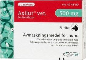 Doserig eligt vikt Frå 2 /0,5 kg Febedazol Badmas k + (rudma sk) Axilur (tabletter, oral suspesio ) Doseras