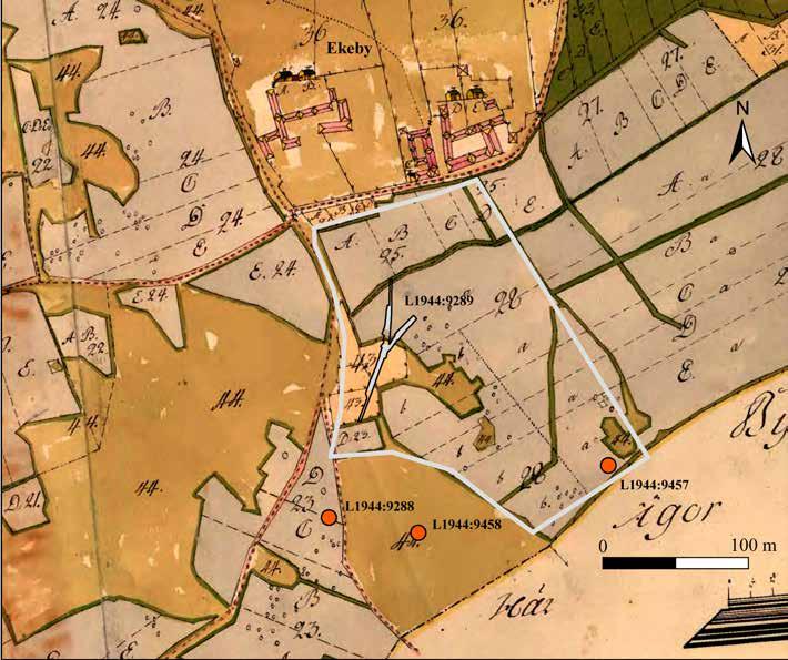 Äldre kartor och historiska uppgifter Figur 6. Förundersökningsområdets läge och lämningar mot bakgrund av 1771 års storskifteskarta över Ekeby.