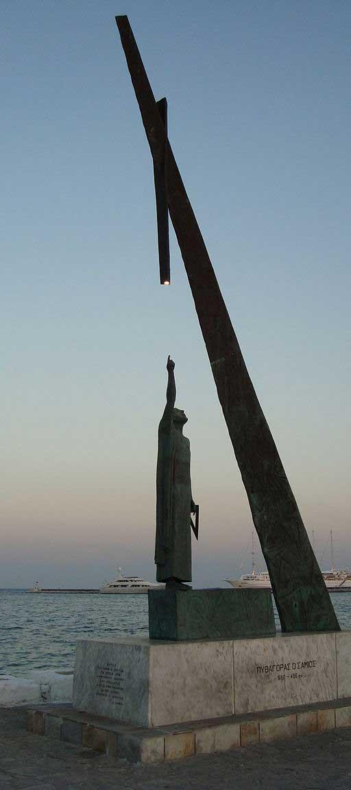 Figur 6: Staty av Pythagoras på den grekiska ön Samos där Pythagoras växte upp. Den mot himlen pekande Pythagoras bildar den ena kateten i en rätvinklig triangel.