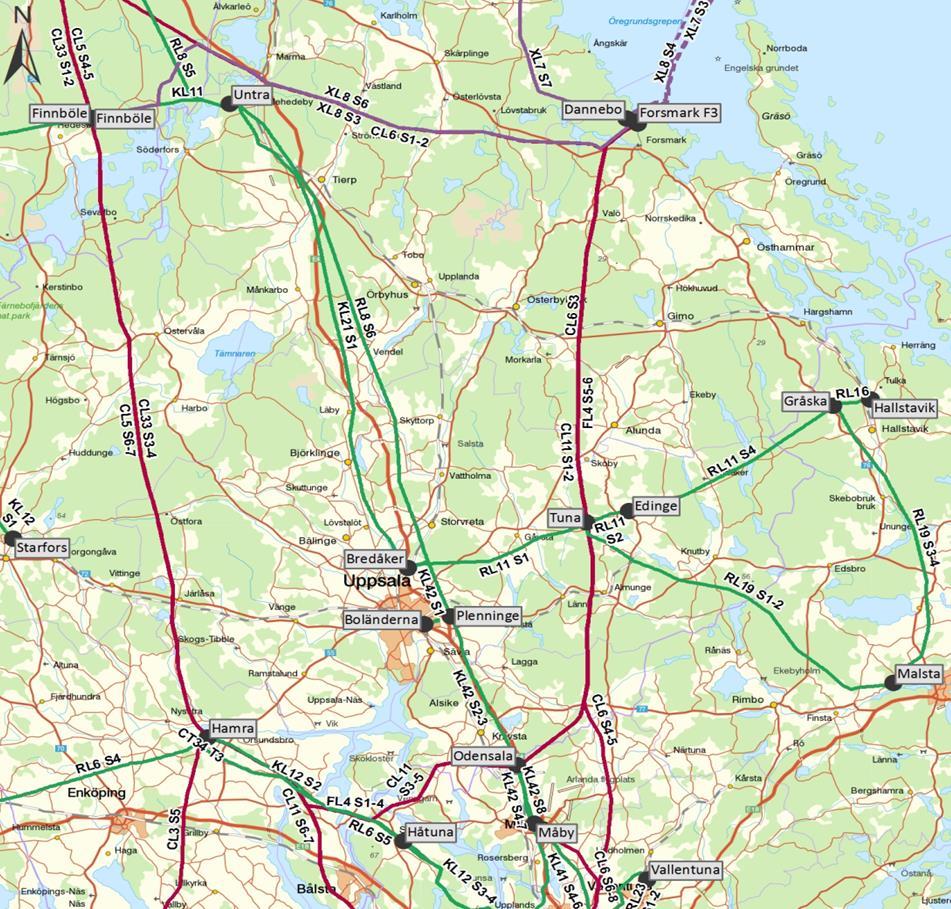 Bild från Svenska Kraftnät som försetts med förklaringsrutor för de viktigaste åtgärderna för Uppsala län.