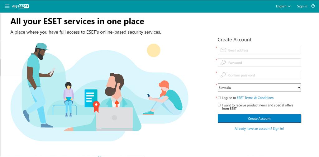 Skapa ett konto med e-post: 1. Besök ESET HOME-portalen. 2. Ange en giltig e-postadress, lösenord och land i fälten. Samtliga dessa fält krävs för registreringen.