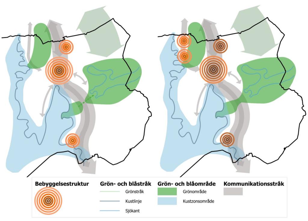 11 Strategi 2040 till vänster och utblick 2060 till höger Utblick 2060 Efter 2040, när kollektivtrafiken längs väg 158 (Säröleden) har förbättrats, får Särö och Kullavik en snabbare utveckling.