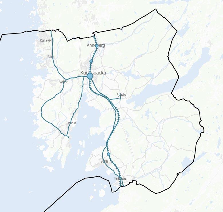 58 Kartbilden visar starka och mycket starka kollektivtrafikstråk samt stationerna inom Kungsbacka kommun.